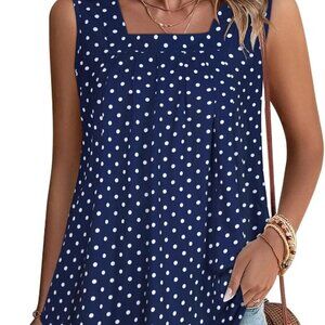 New Women's Summer Square Neck Pleated Sleeveless Tank Top - Navy Blue Polka Dot